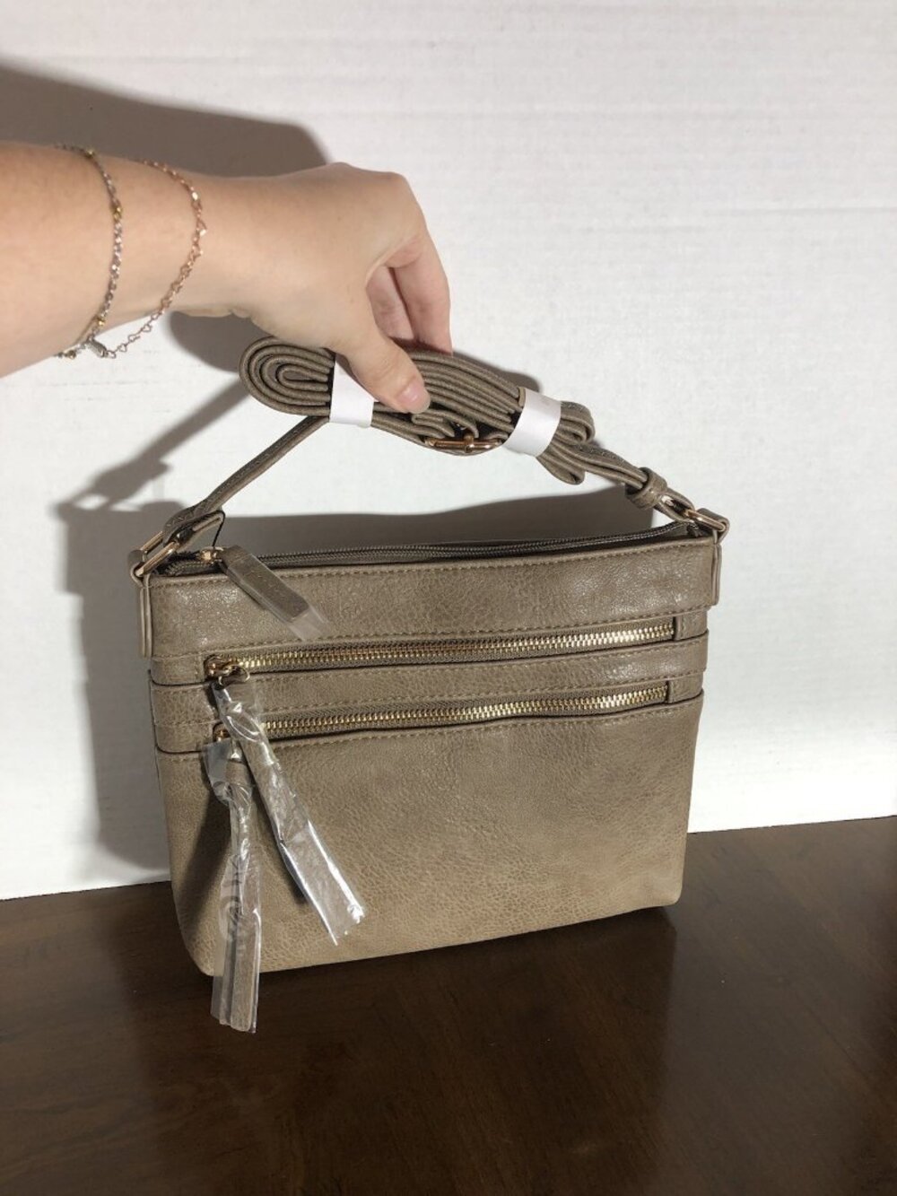 Brentano Multi Zipper Crossbody Purse In Taupe 10” x 8”